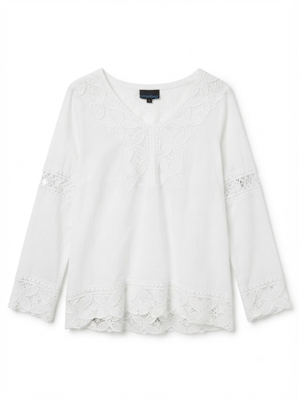Cynthia Rowley White Crochet-Trim V-Neck Peasant Top